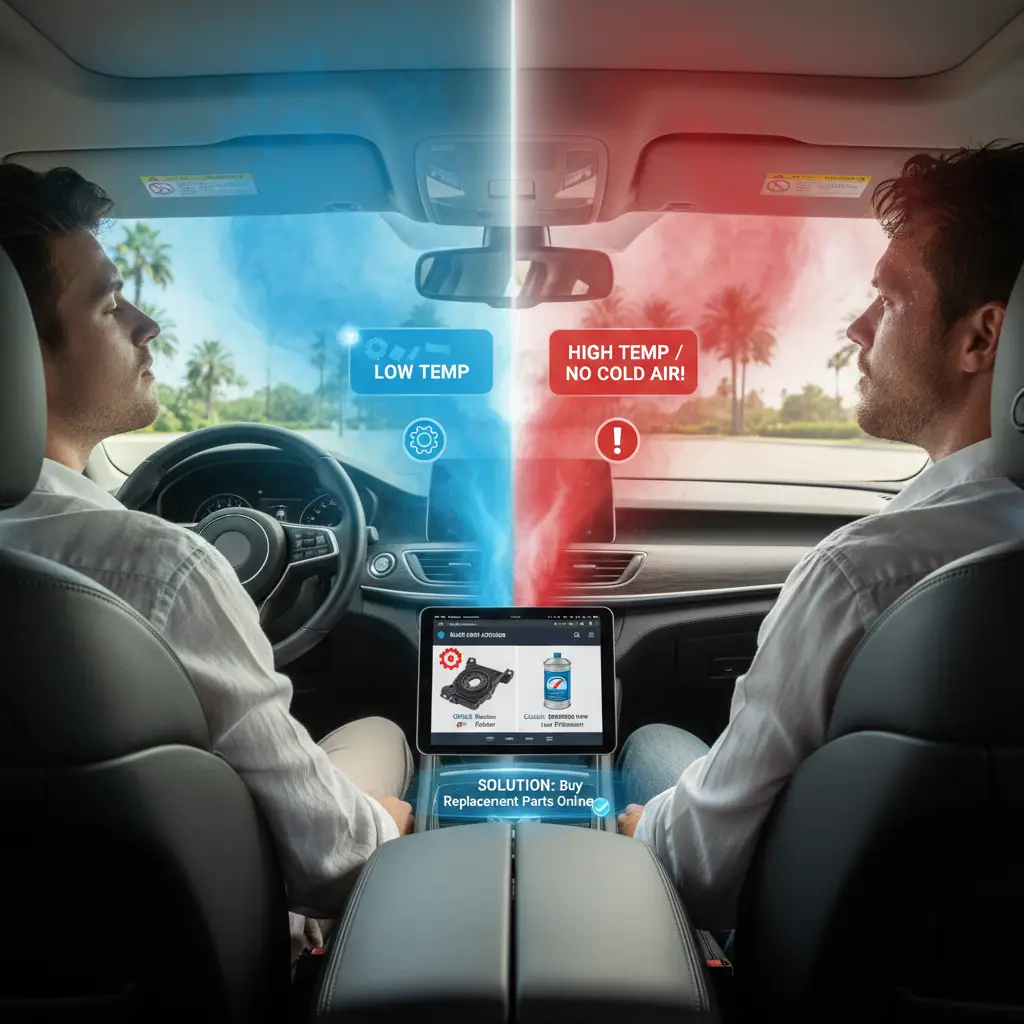 Vozač u automobilu zabrinuto provjerava klima uređaj, dok s jedne strane izlazi hladan, a s druge strane topao zrak. Na kontrolnoj ploči vidljive su temperaturne postavke za obje strane vozila.