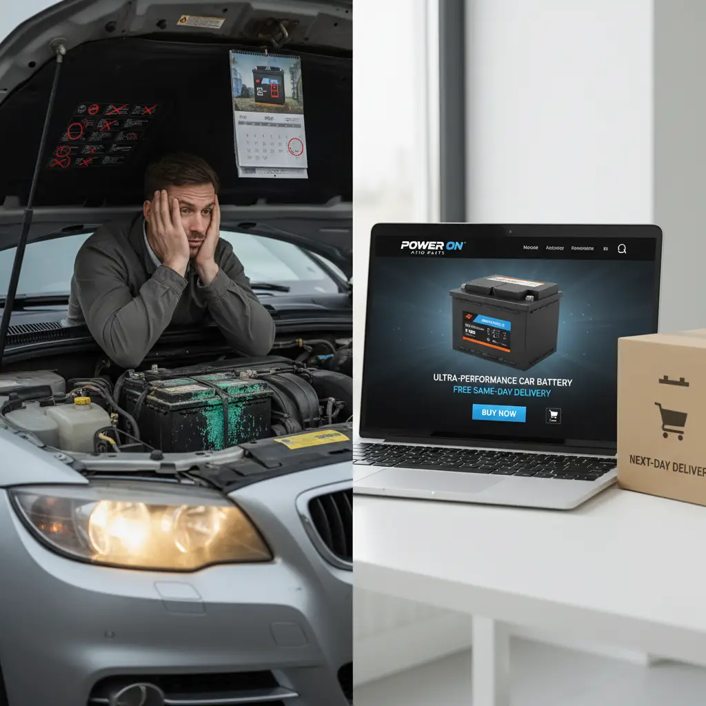 Vozač zabrinuto gleda ispod haube automobila, dok slaba svjetla na kontrolnoj ploči signaliziraju probleme s akumulatorom. Akumulator je prekriven korozijom i ima vidljive pukotine na kućištu.