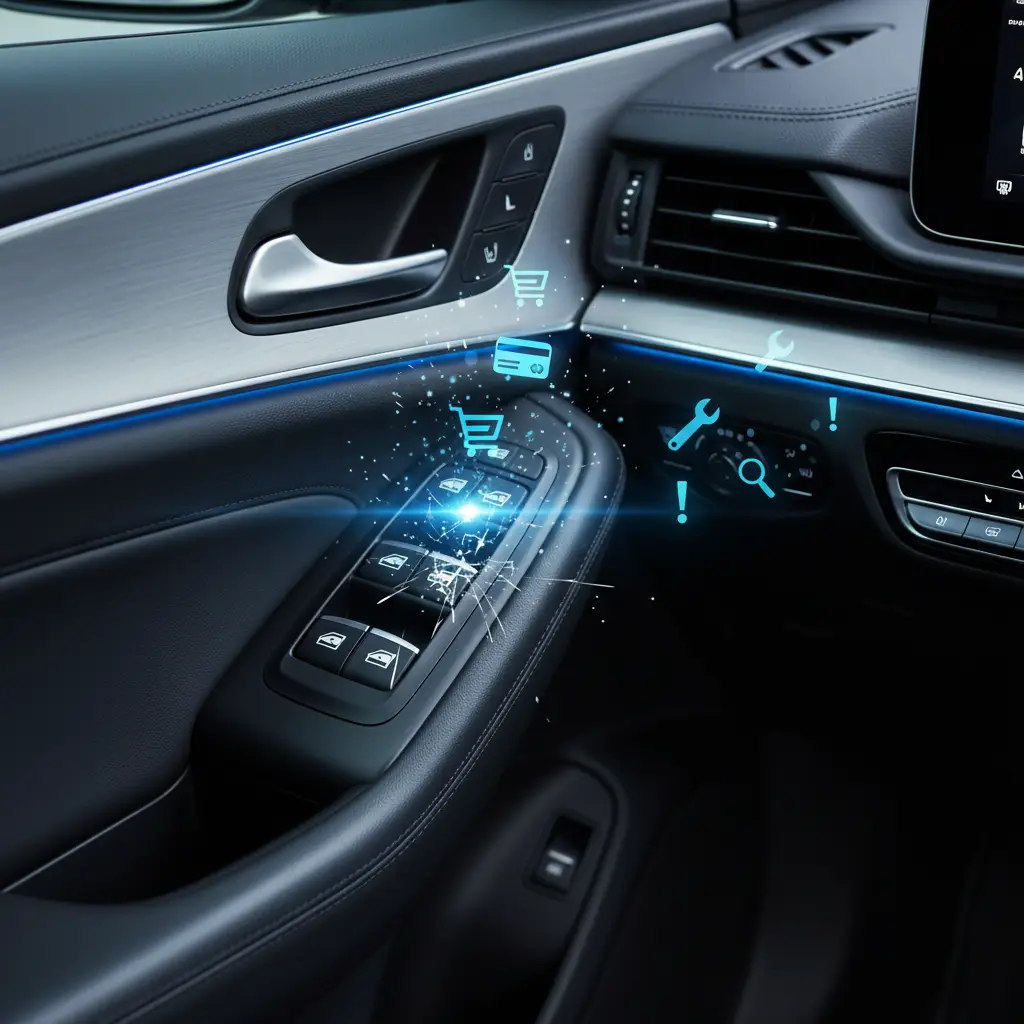 Vozačeva ruka pritišće tipku za podizanje prozora na automobilskim vratima, dok prozor ostaje spušten, prikazujući problematičnu električnu sklopku.