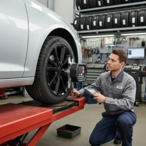 Automobil na autocesti s vidljivim vibracijama kotača, prikladno za online trgovinu automobila i dijelova, fokus na probleme s gumama i kotačima.