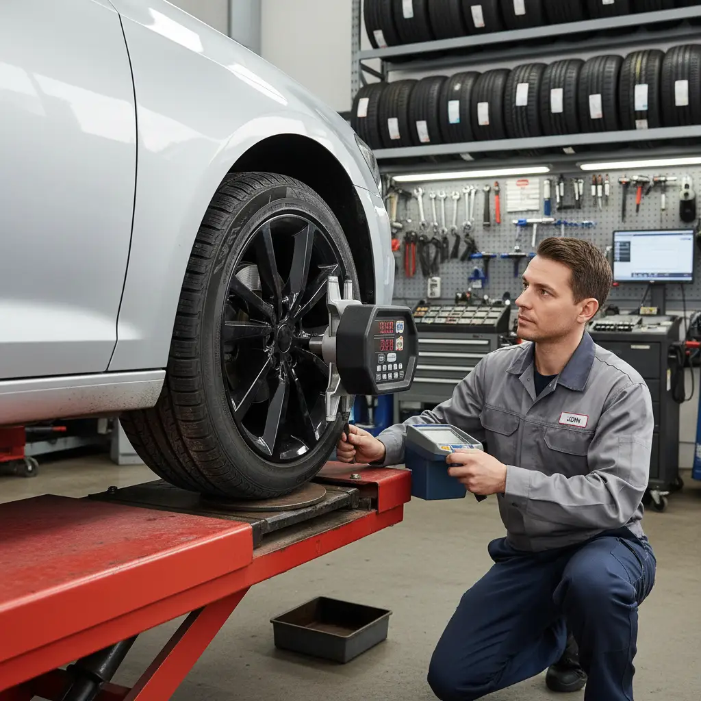 Automobil na autocesti s vidljivim vibracijama kotača, prikladno za online trgovinu automobila i dijelova, fokus na probleme s gumama i kotačima.