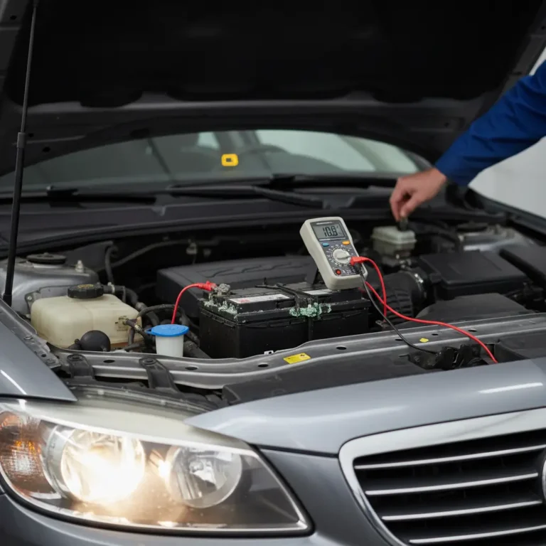 Automobil parkiran ispred kuće, otvorena hauba, osoba drži novi akumulator uz stari—kupovina akumulatora online, znakovi za zamjenu.