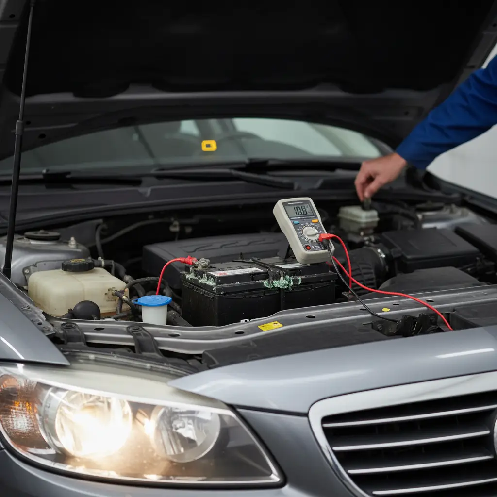 Automobil parkiran ispred kuće, otvorena hauba, osoba drži novi akumulator uz stari—kupovina akumulatora online, znakovi za zamjenu.